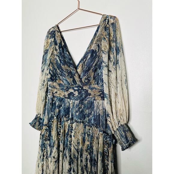 RENE RUIZ COLLECTION Blue Gold Swirled Floral Flowing Tiered Boho Maxi Dress 12 - Picture 11 of 16